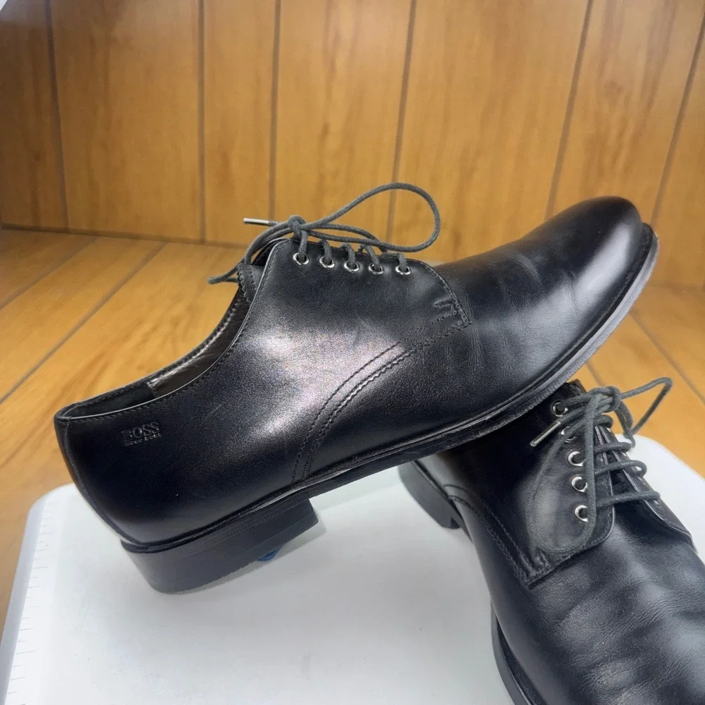 Hugo Boss Mens Black Leather Plain Toe Derby‎ Dress Shoes 8 50200689